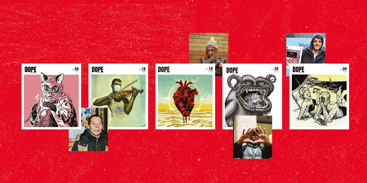 A montage of illustrated DOPE newspaper front pages on a red background
