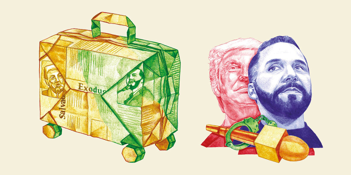 Two colourful illustrations show a suitcase made out of newspapers and Donald Trump behind Nayib Bukele, with a microphone in handcuffs below