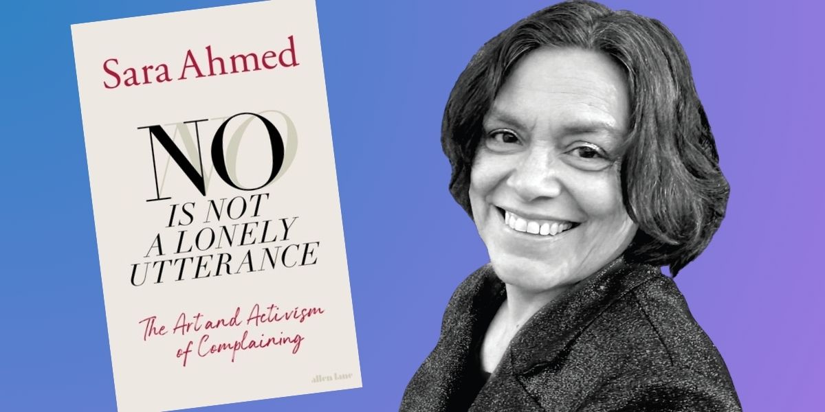 A photo of Sara Ahmed smiling, next to an image of her latest book cover