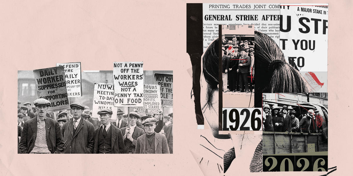 A montage image of newspaper clippings, archive b&w photos and a photo of a woman looking back