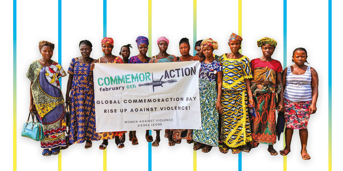 Against a white backdrop, a group of women in traditional African print clothing hold a banner that reads: Commemor-Action