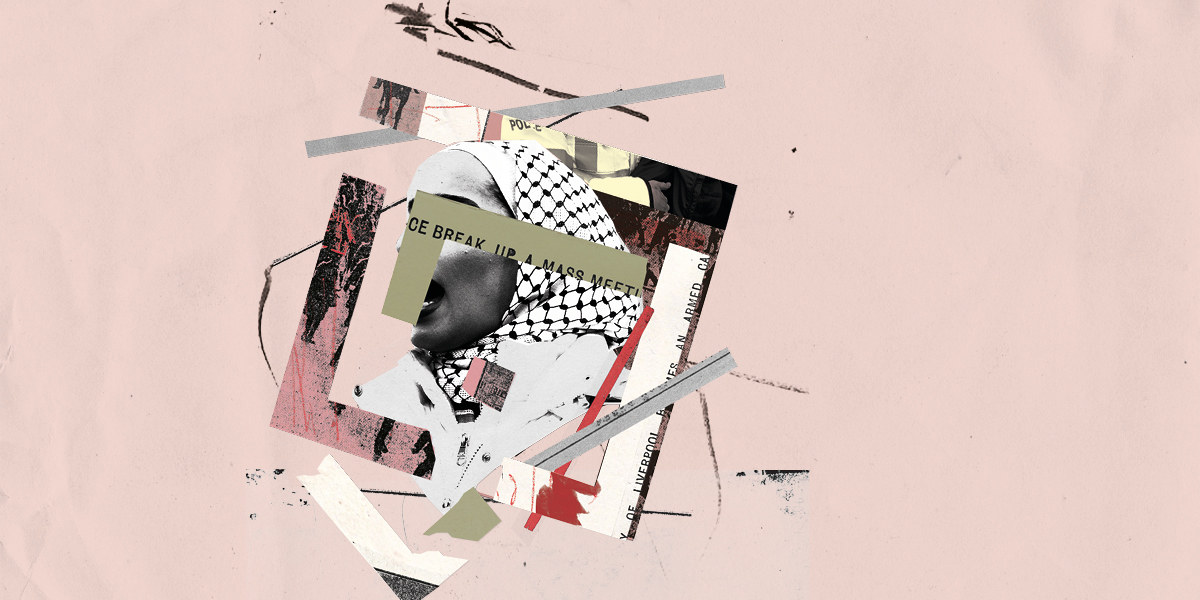 A creative mosaic of fragmented images, with colours of Palestine and a woman wearing a keffiyeh visible