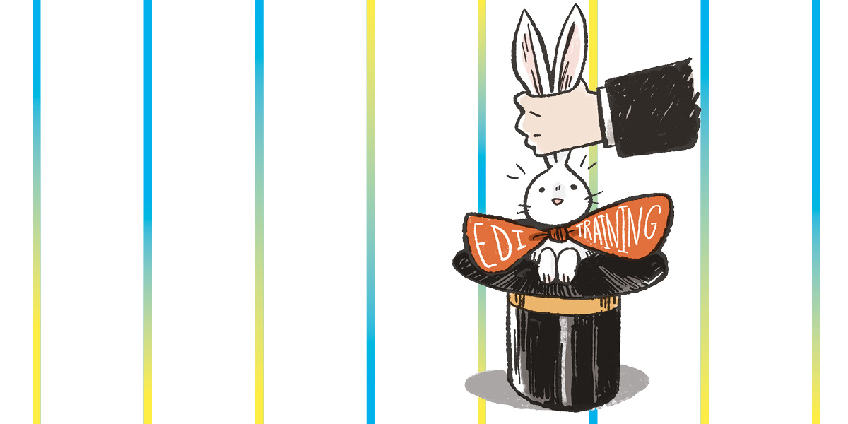An illustration showing a magician pulling a rabbit out of a hat – wearing a bow-tie that says: 'EDI Training'