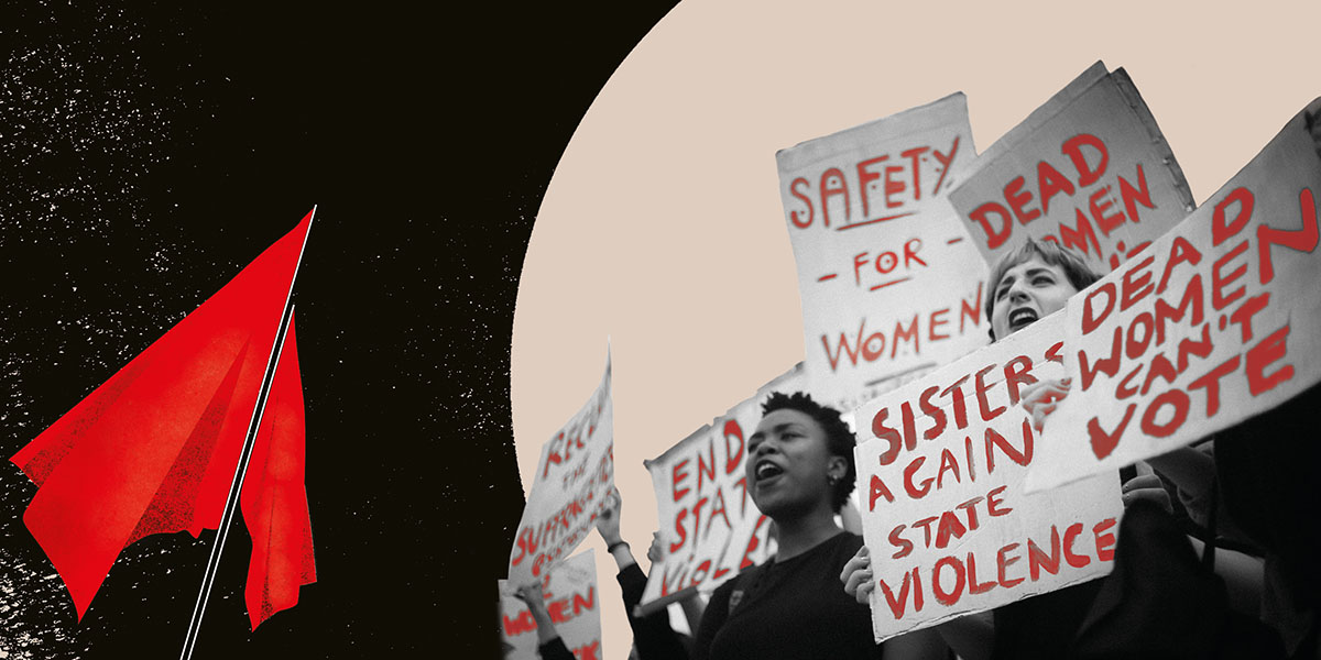 Feminist protesters with a red flag in the foreground