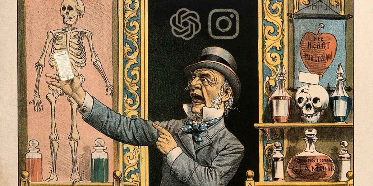 A 19th century illustration of a quack, edited to show him holding a smartphone, whilst the logos of Instagram and ChatGPT are placed above him