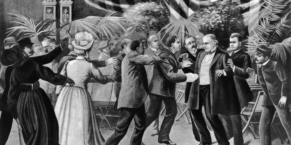 An illustration depicting anarchist assassin Leon Czolgosz (left) shooting US President William McKinley (right) while shocked onlookers try to intervene