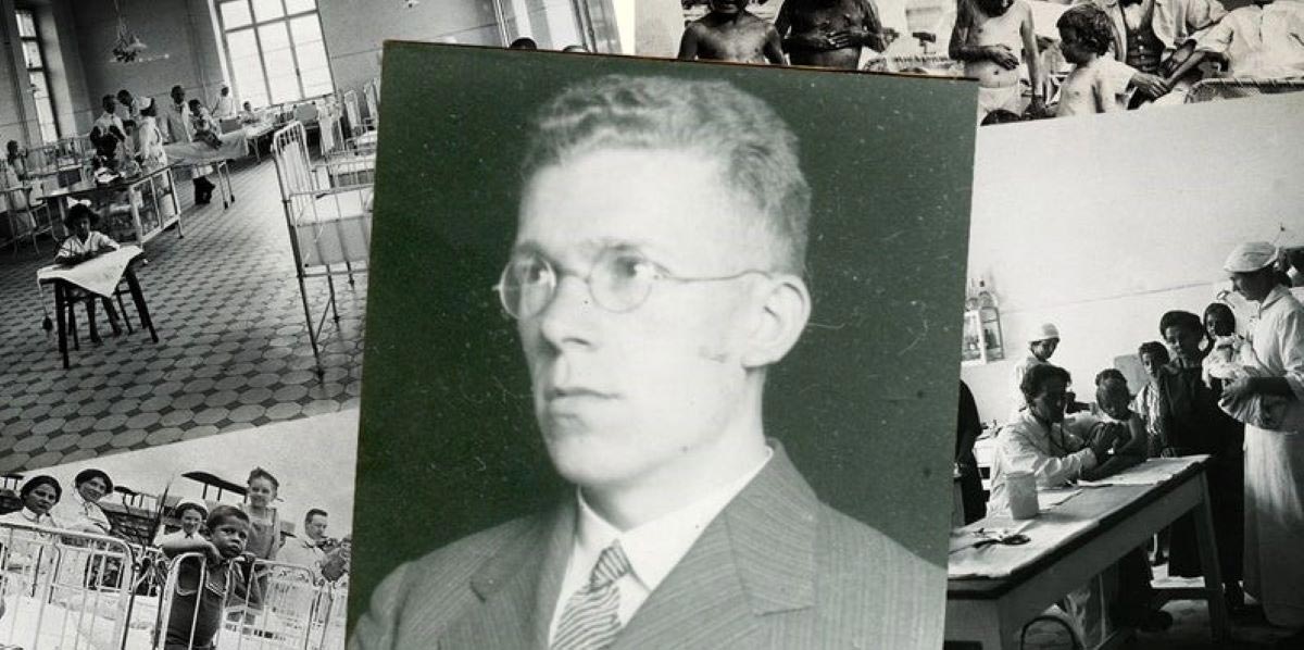 Photo collage combining various photos of children in institutional settings and a portrait of Hans Asperger in the centre of the collage