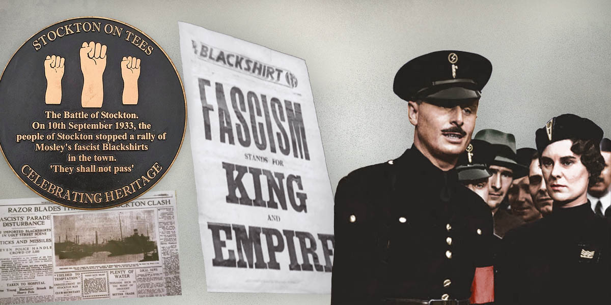 From left to right: A plaque commemorating the Battle of Stockton, A poster promoting the British Union of Fascists, Oswald and Diana Mosley in blackshirt uniform