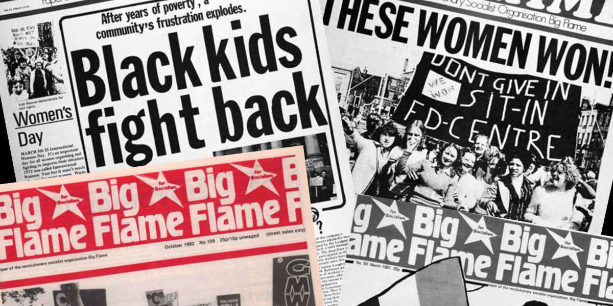 A collection of front pages of Big Flame, collaged together as part of the front cover of Big Flame Building Movements, New Politics