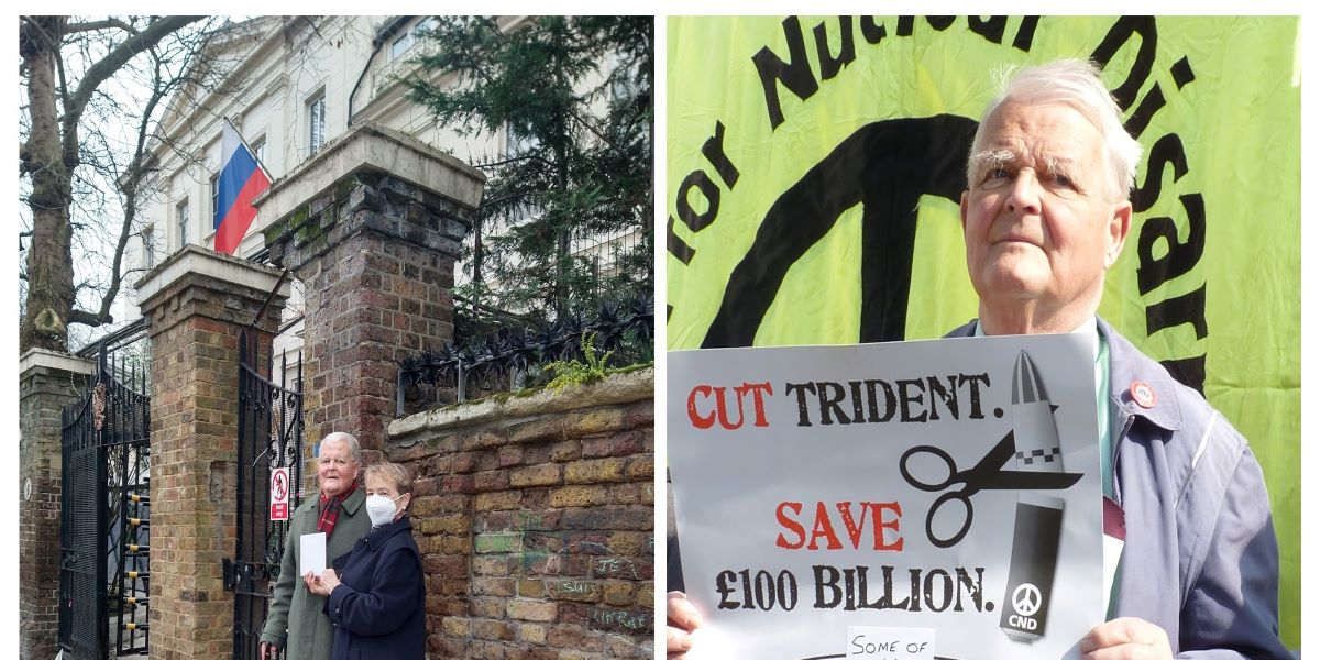 From left: Bruce Kent and Kate Hudson outside the Russian Embassy, Spring 2022; Bruce Kent at the budget day protest, 2012