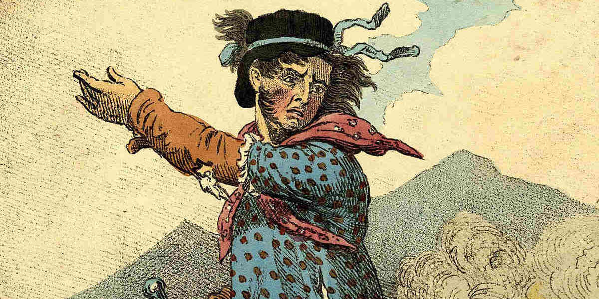 An early 19th century illustration of the Luddite figurehead Ned Ludd, shown as a giant urging his followers onward.