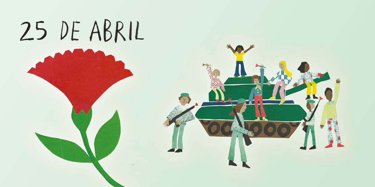 An illustration showing a red carnation on the left, with the text '25 De Abril' above it. On the left is a tank with people holding guns on and around it