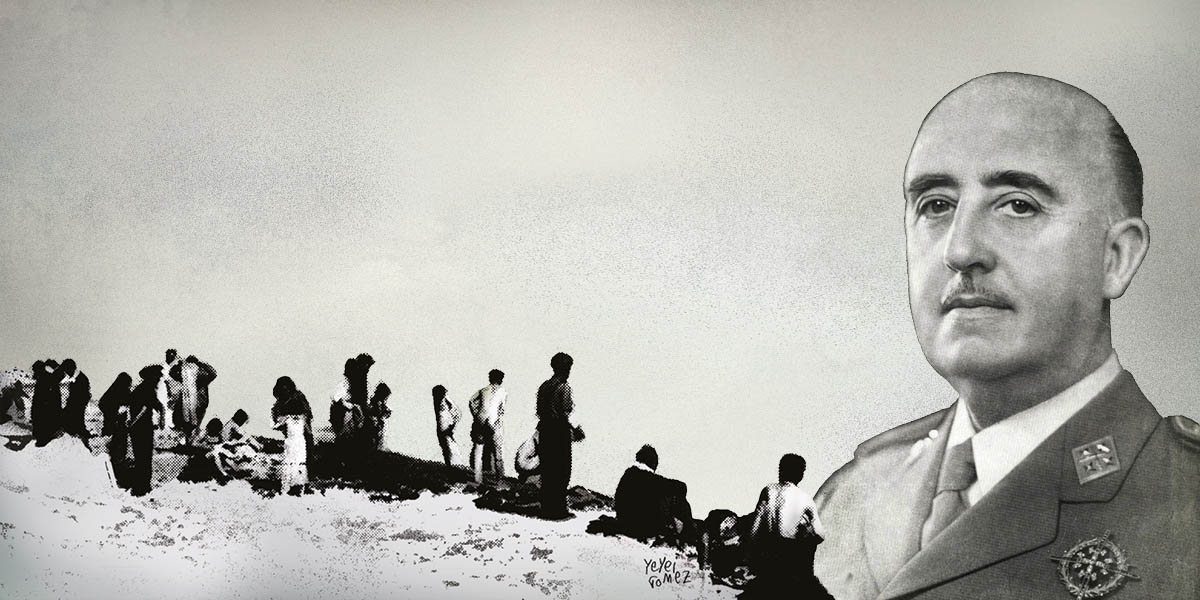 Archive photo of General Franco with a grainy image of resistance fighters in the background