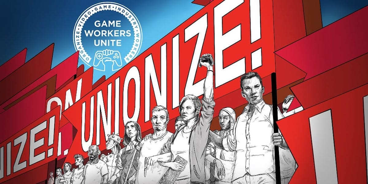 A graphic showing people under a banner reading 'unionize!', with the game workers unite union logo in the background
