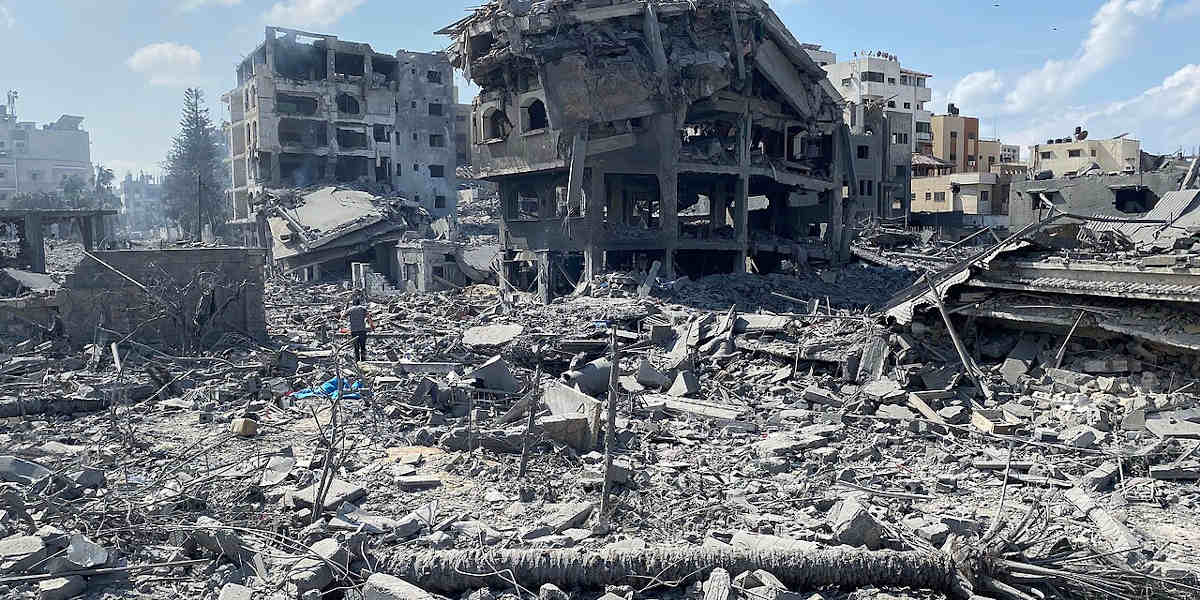 Rubble and destroyed buildings in Gaza city following an Israeli airstrike