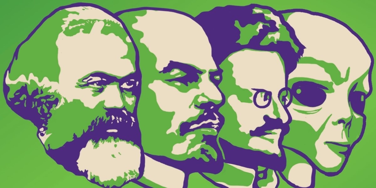 Against a green background, illustrated profiles of Marx, Lenin, Trotsky and... an alien