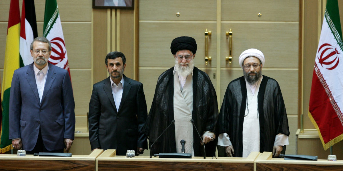 Iranian Supreme Leader Ali Khameni and former Iranian President Mahmoud Ahmadinejad at the 5th International Conference in Support of the Palestinian Intifada in Tehran, 2011