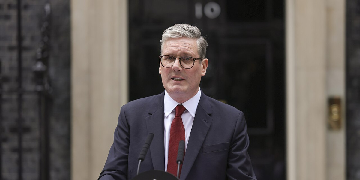 British Prime Minister Keir Starmer stood at a lectern in front of Number 10 Downing Street