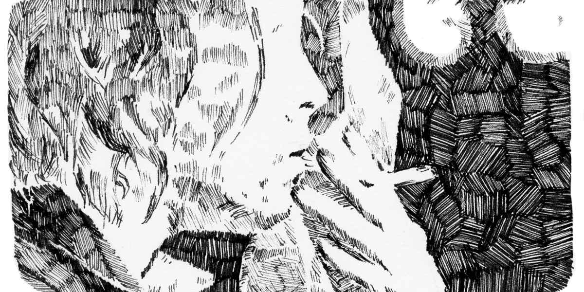 A black and white illustration of someone smoking a cigarette