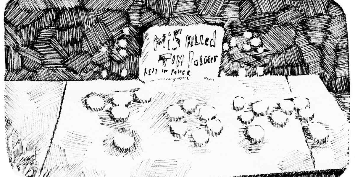 A black and illustration of a memorial to Tom Palmer, with candles and a sign reading 'Mi5 killed Tom Palmer'