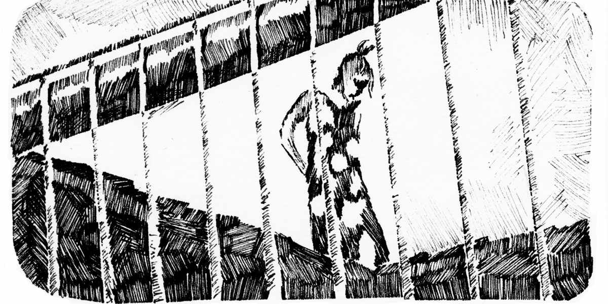 A black and white illustration of someone as seen from behind a row of metal bars
