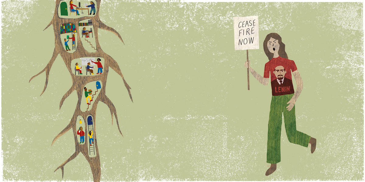 illustrations inspired by Lenin's What Is To Be Done? showing a root filled with people and a protester holding a placard