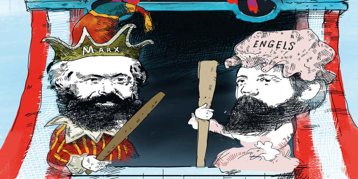 Caricature drawing of Karl Marx and Friedrich Engels in a puppet show holding sticks
