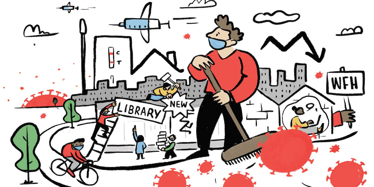 Illustration by Laurence Ware depicting a scene of covid lockdown and social distancing