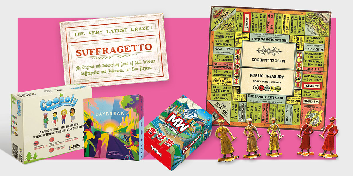 A selection of historical board games on a pink background