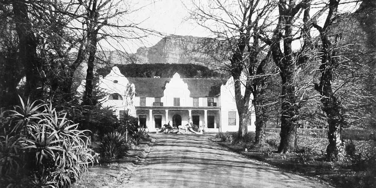 A black and white photograph of Groote Schuur, the country estate of Cecil Rhodes in South Africa