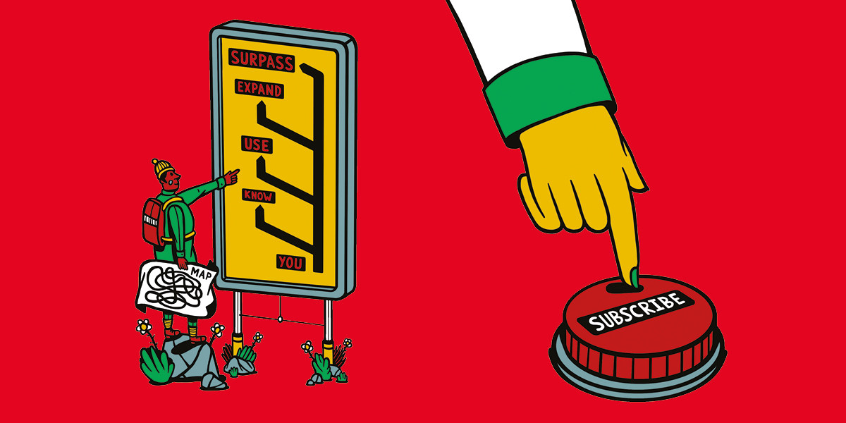 Illustrations on a red background show: left: a person looking at a road map that shows their journey to radical education through RPM, and right: a giant hand pressing a big button that reads: subscribe
