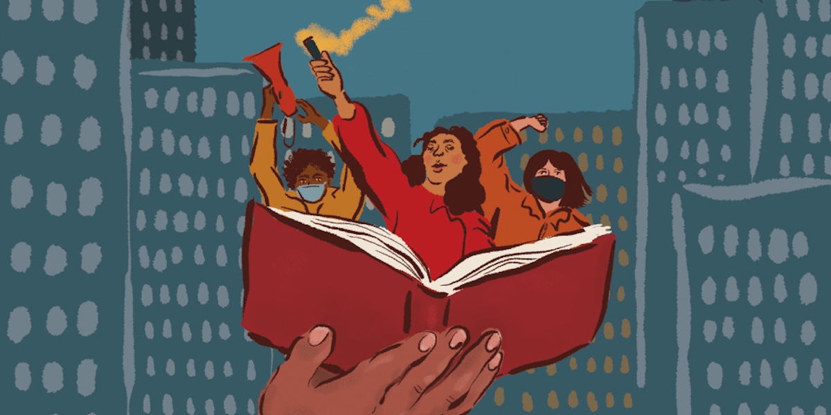 Illustration of three people of colour inside a book with raised fist, smoke signal and loudhailer