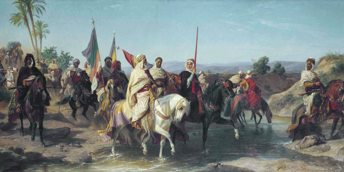 A painting of Algerian anti-colonial leaders Sherif Boubaghla and Lalla Fatma N'Soumer leading their troops