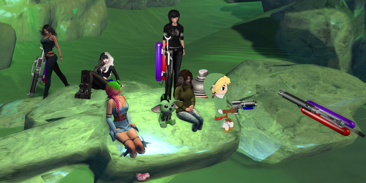 On a green virtual background, avatars gather together in seated protest