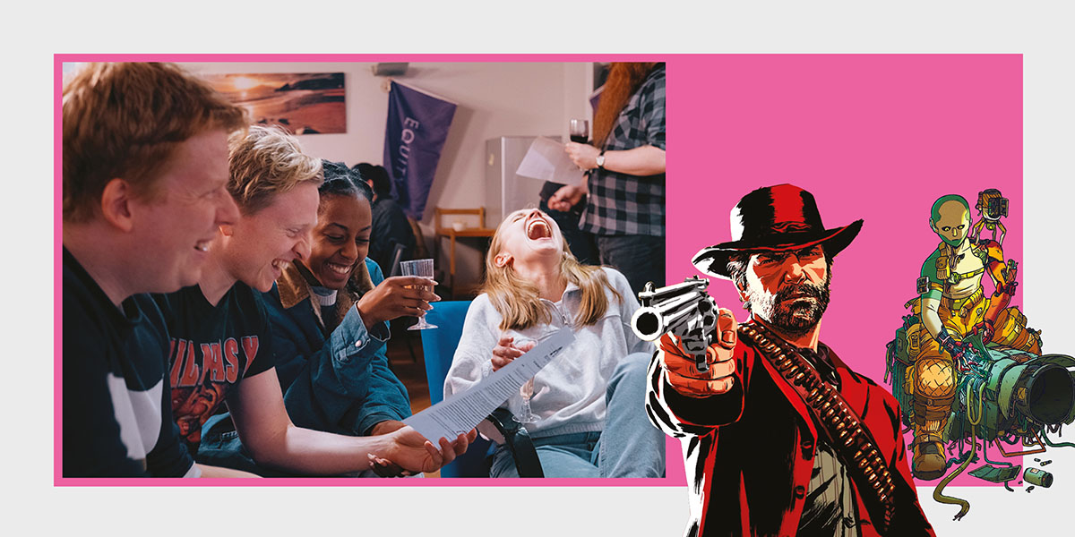 Graphics from video games in a montage with people laughing playing a game