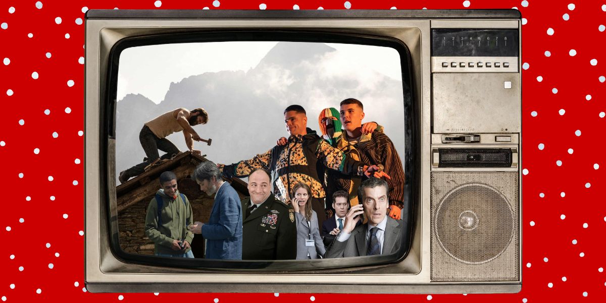 A composite image of different film stills on an old TV with a red 'snowy' background