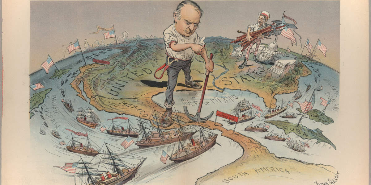 An 1899 cartoon showing a man in a shirt rolling up his sleeves and holding a pick axe while standing on Central America. 'Uncle Sam' and US flags dominate the background