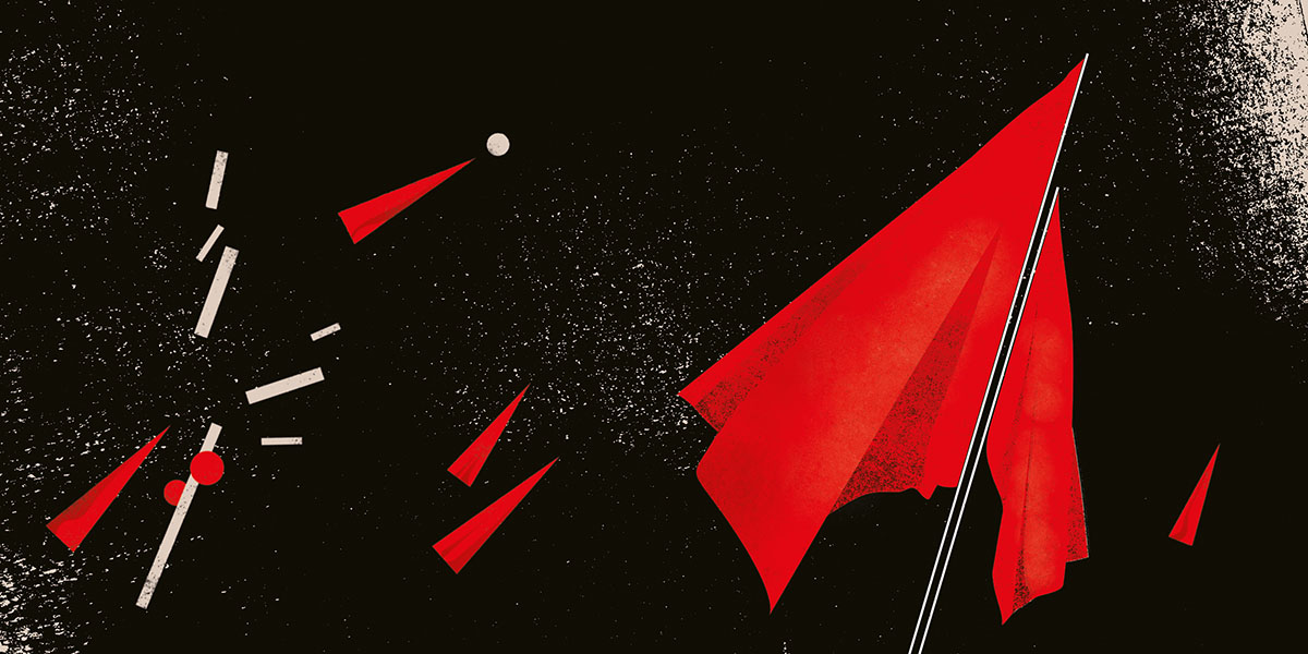 A stylised red flag waving on black background