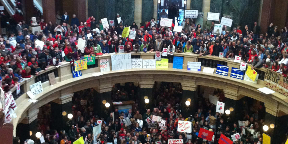 Protestors against the Wisconsin Budget Repair Bill amassed in the rotunda of the capitol building in Madison, Wisconsin