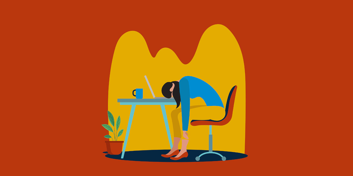 A graphic of a woman slumped in front of her laptop from stress